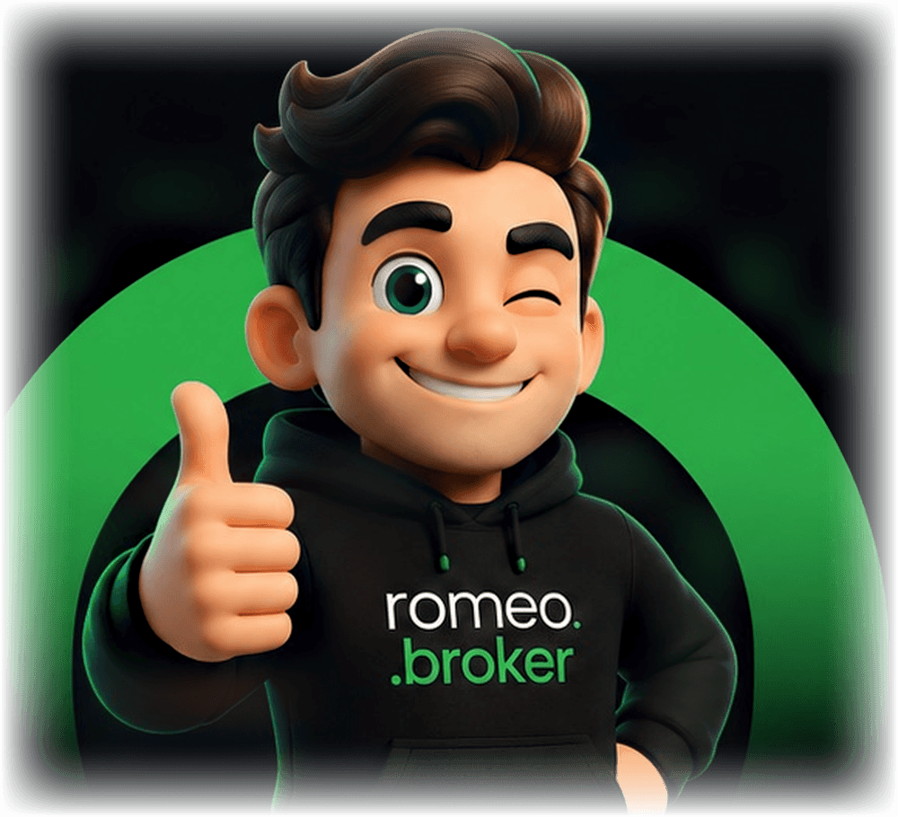 Romeo, o mascote do romeo.broker, fazendo sinal de positivo