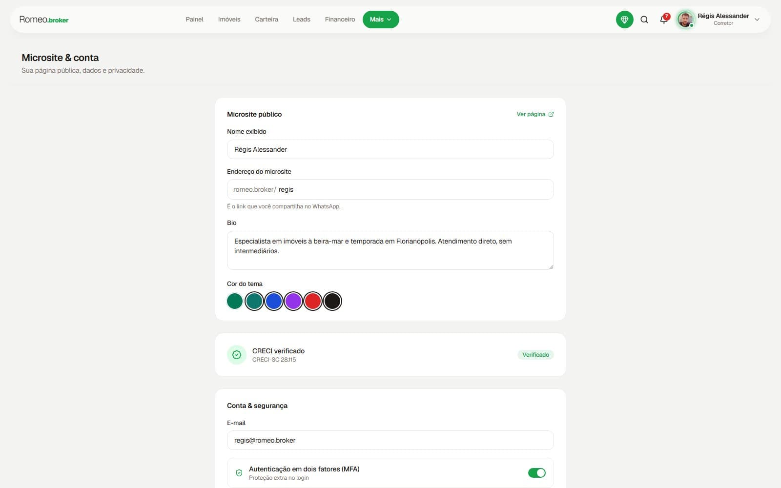 Screenshot da tela Microsite & conta