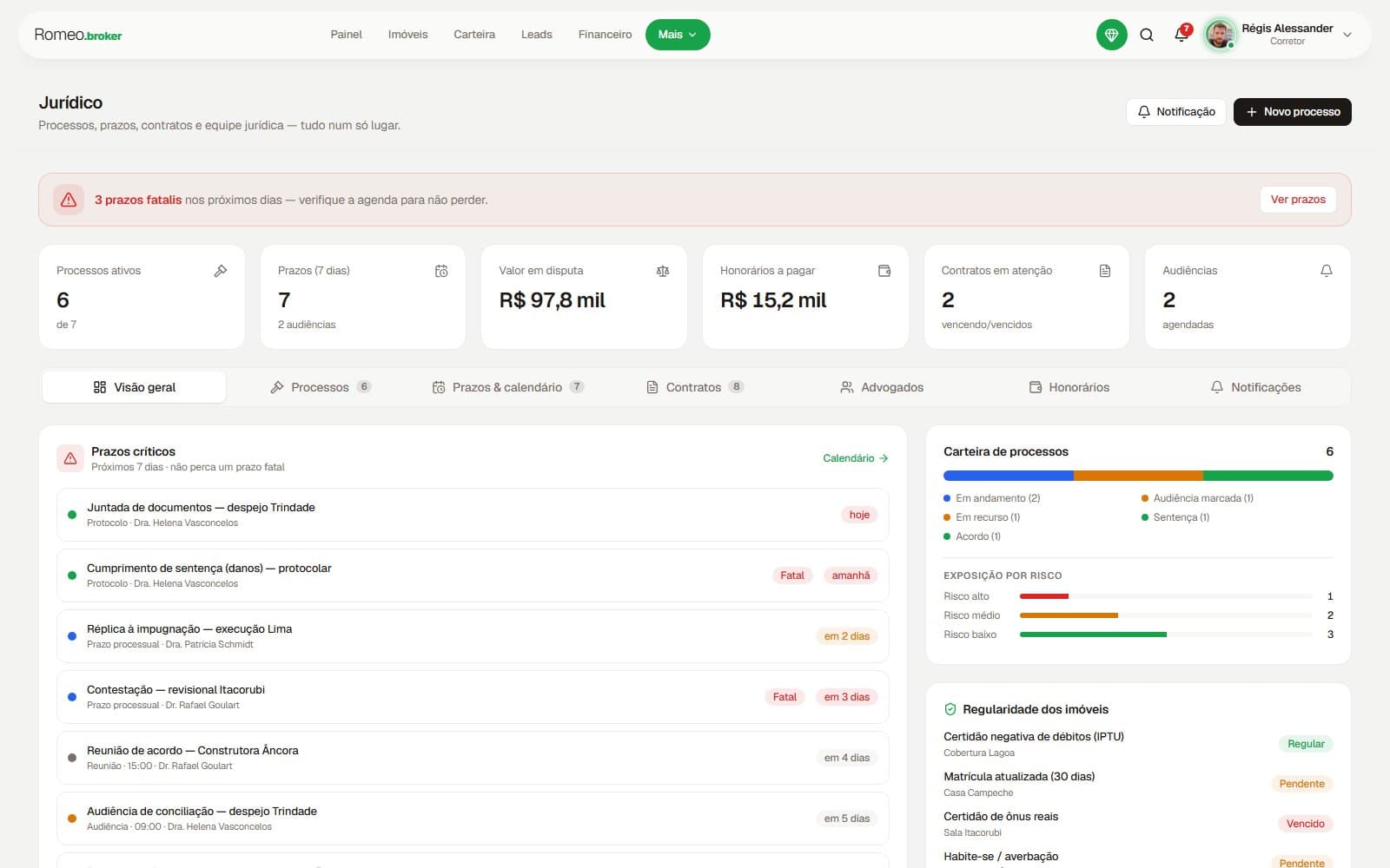 Screenshot da tela Jurídico