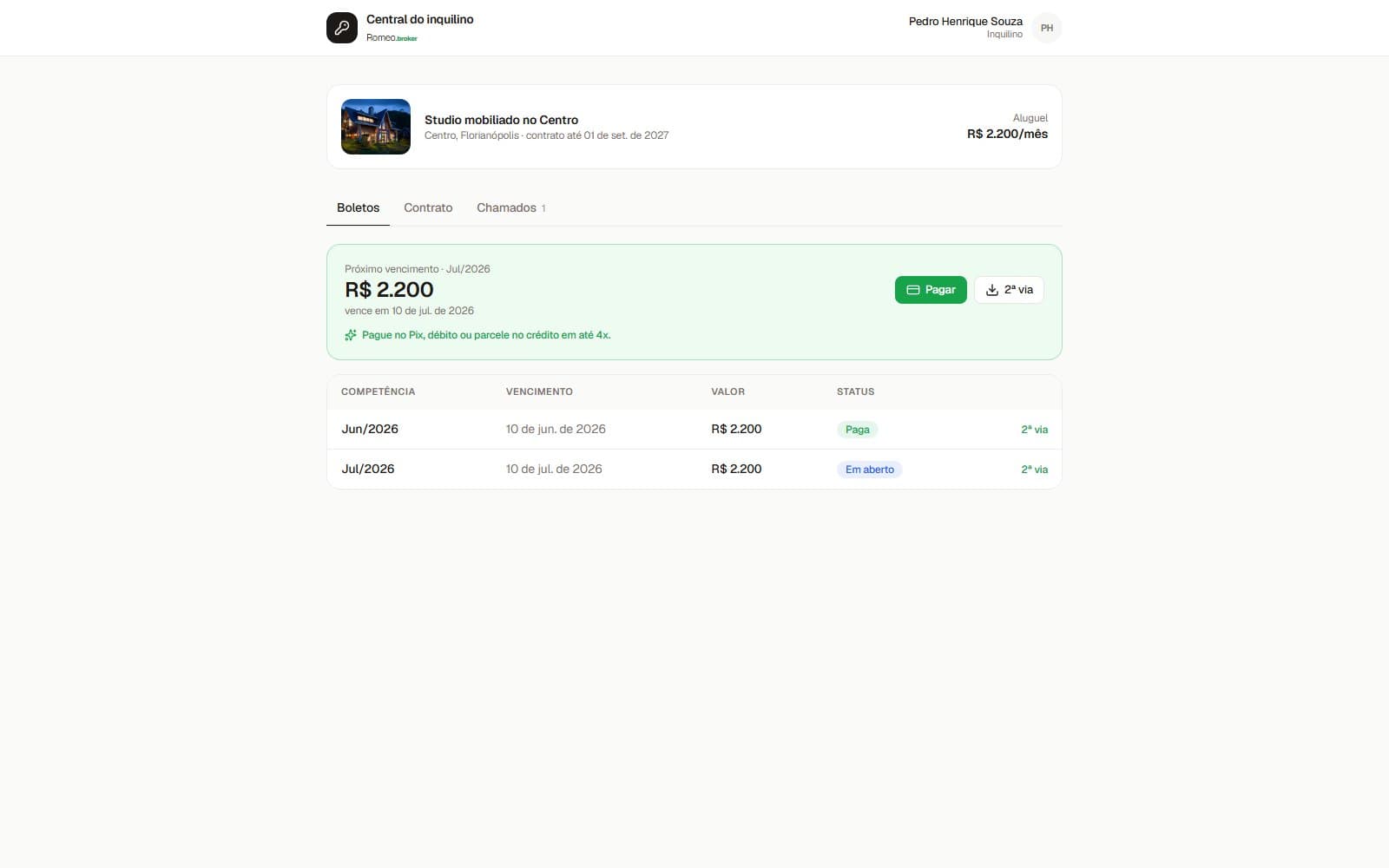 Central do inquilino com boletos e pagamento no cartão